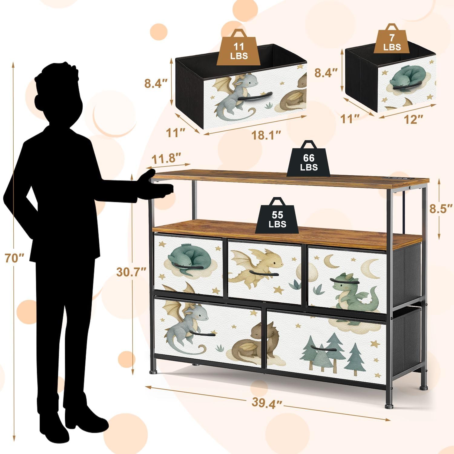 TV Stand with 5 Fabric Drawers Dragon Baby Animals Watercolor Dresser for Bedroom Wide Chest of Drawers Storage Organizer Unit with Open Shelves Power Outlet