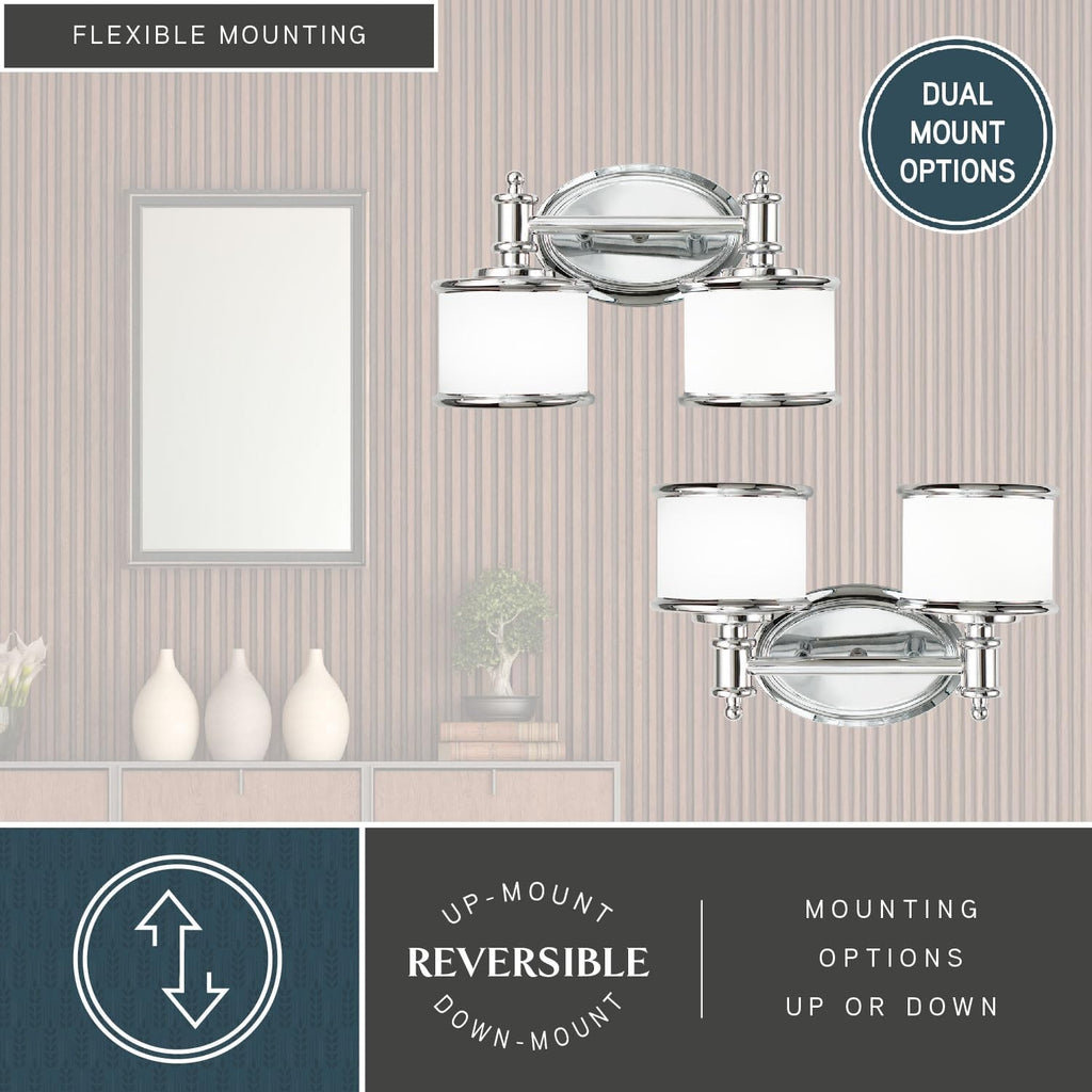 VAXCEL Carlisle 2-Light 13.75 inch Wide Chrome Transitional Bathroom Vanity Lighting Fixture, White Frosted Opal Glass Shade, Dimmable, LED Compatible, Reversible Over The Mirror Mounted Wall Sconce