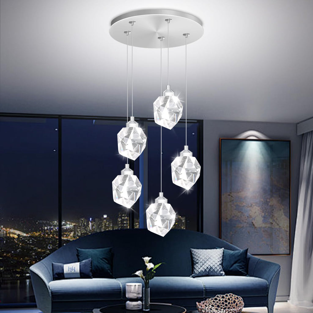 5-Light Cluster Crystal Raindrop Pendant Lights- 25W LED Dimmable Hanging Light Fixture Chandelier for Kitchen Island, Dining Room Living Room