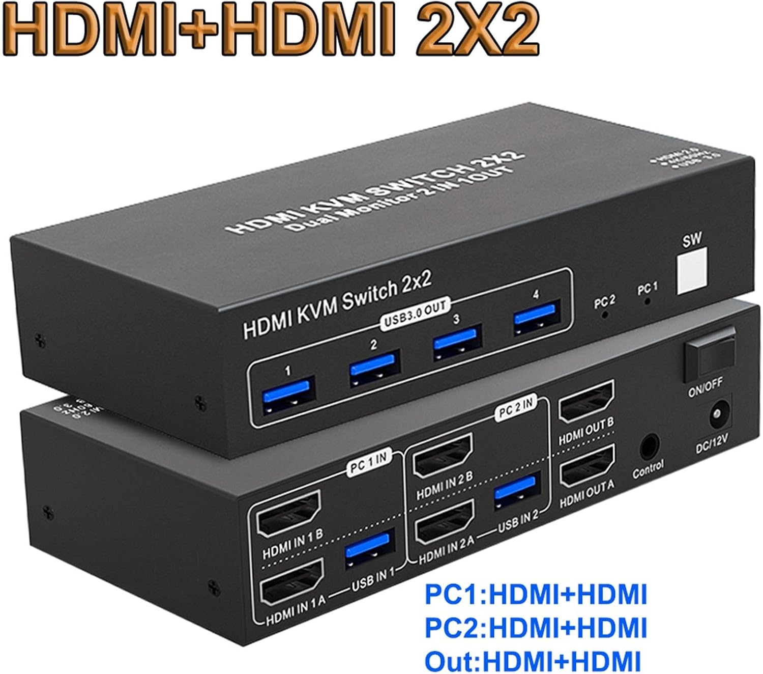 2X2 KVM Switch Dual Monitor 4k 60Hz HDMI 2.0 Extended Display DisplayPort USB 3. in Out for PC(HDMI 2X2,EU Power)