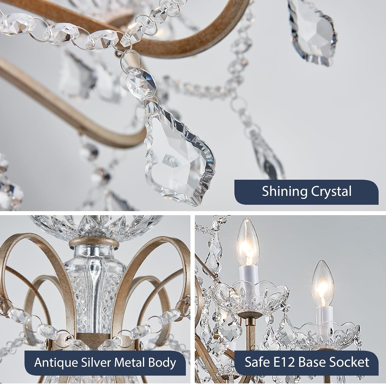 Bestier Antique Silver Vintage Candle Chandelier Crystal Lighting Fixture Lamp for Dining Room Bathroom Foyer Livingroom 6 E12 Bulbs Required D24 in x H26 in