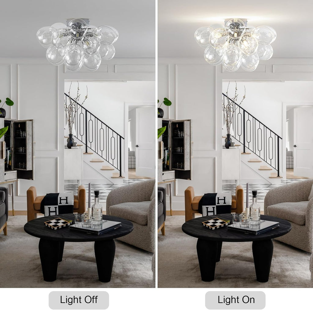 8-Light Chrome Flush Mount Ceiling Light, 16' Glass Bubble Ball Chandelier with 21 Clear Balls, Modern Globe Dining Room Light Fixture for Bedroom, Living Room, Hallway, Entry, Bathroom