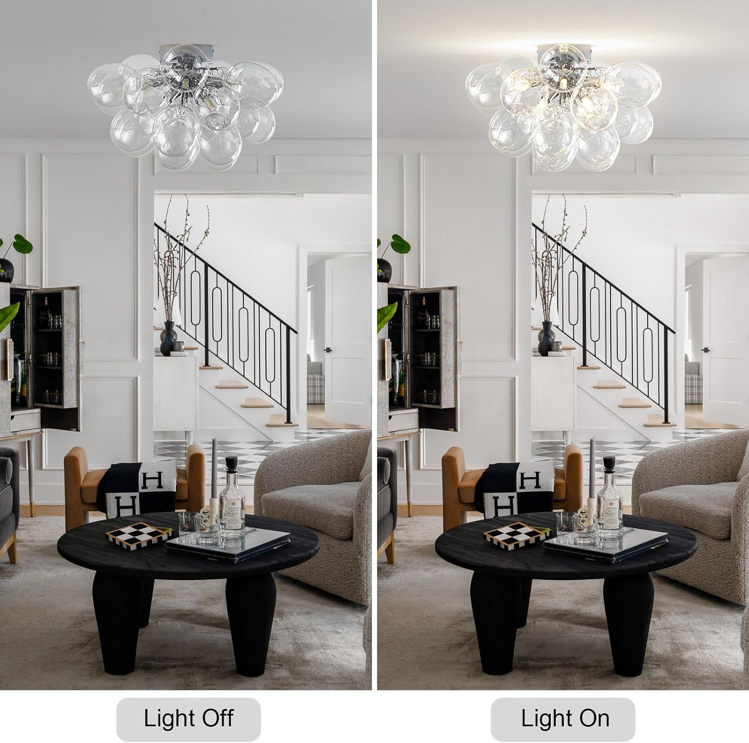 8-Light Chrome Flush Mount Ceiling Light, 16' Glass Bubble Ball Chandelier with 21 Clear Balls, Modern Globe Dining Room Light Fixture for Bedroom, Living Room, Hallway, Entry, Bathroom