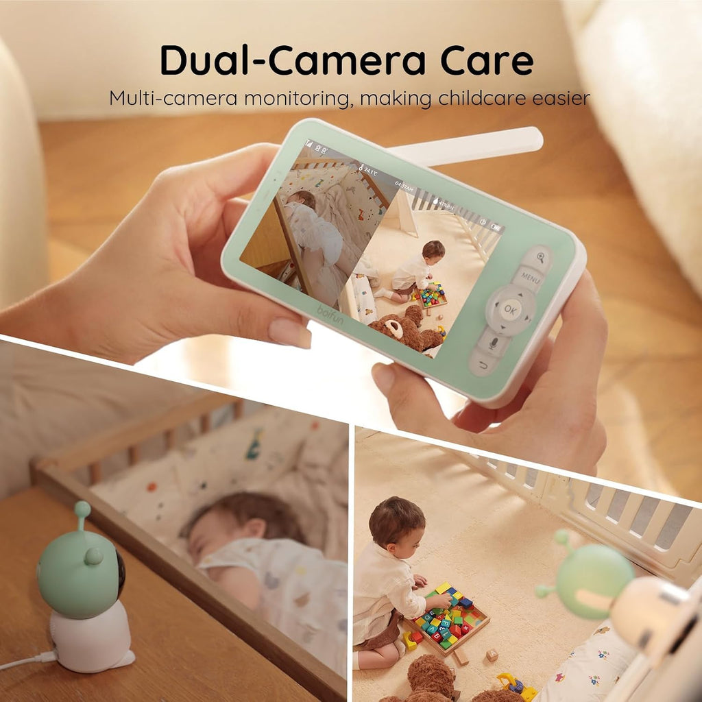 Boifun 2K Wifi Baby Monitor with 2 Cameras, Soothing Night Light, APP & 5' Split-screen Control, Motion/Cries/Noise/Customizable Alarm Zones Detect, Auto Tracking, PTZ, Humidity&Temperature Monitoring
