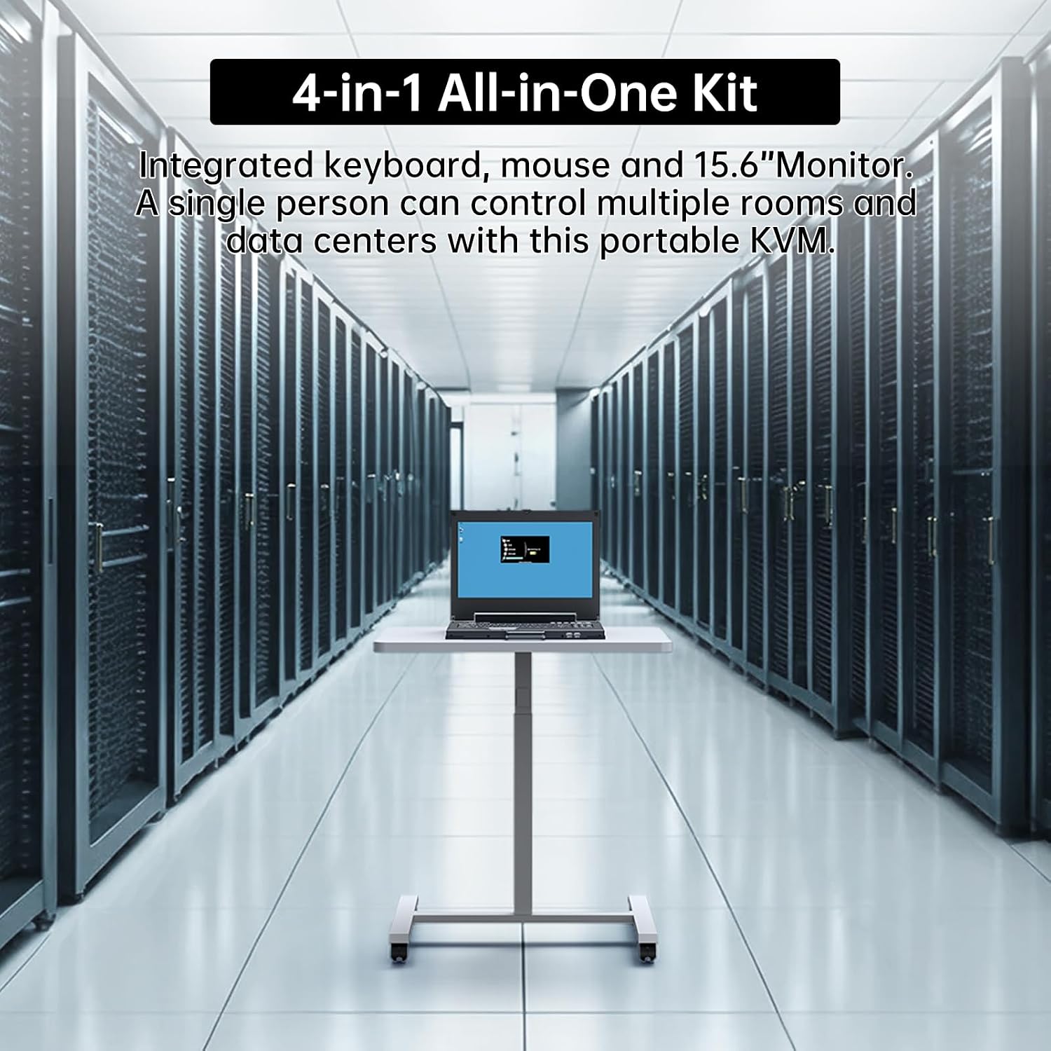 MT-VIKI Portable KVM Console (Crash Cart) 15.6' 4K LCD, HDMI/DP/VGA, Built-in Battery, for Server & Data Center Maintenance
