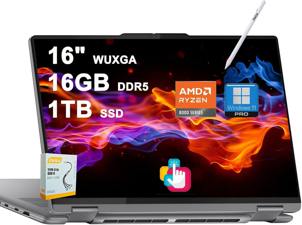 Lenovo Yoga 7 2-in-1 AI PC Laptop | 16' WUXGA Touch | AMD Zen4 8-core Ryzen 7 8840HS (>i7-12700H) | 16GB DDR5 1TB SSD | Backlit Fingerprint Long-Lasting Battery Rapid Charging Win11 w/DLCA Accessory