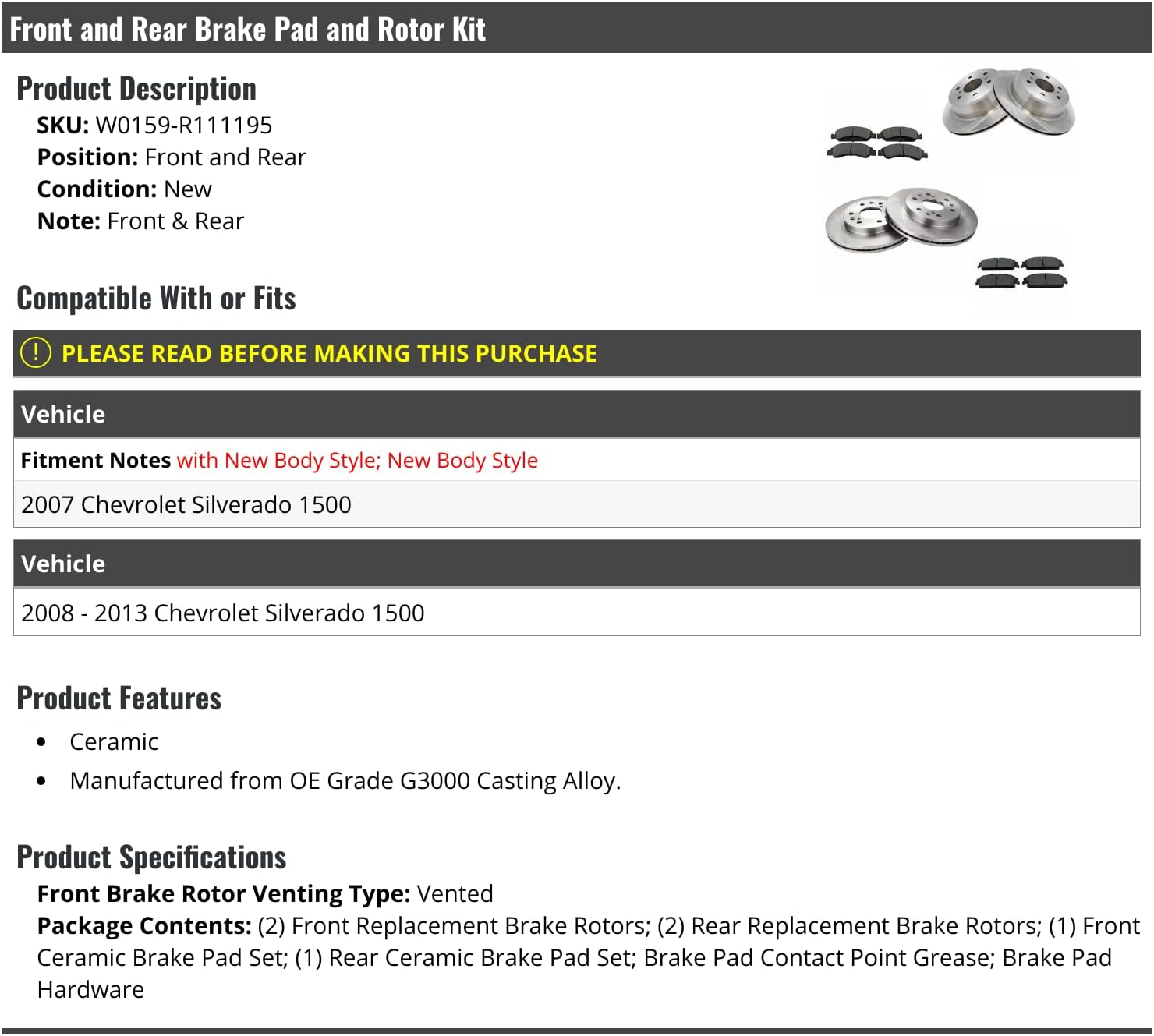 Front and Rear Ceramic Brake Pads and Rotor Kit - Compatible with 2007-2013 Chevy Silverado 1500 (2007 Models with New Body Style)