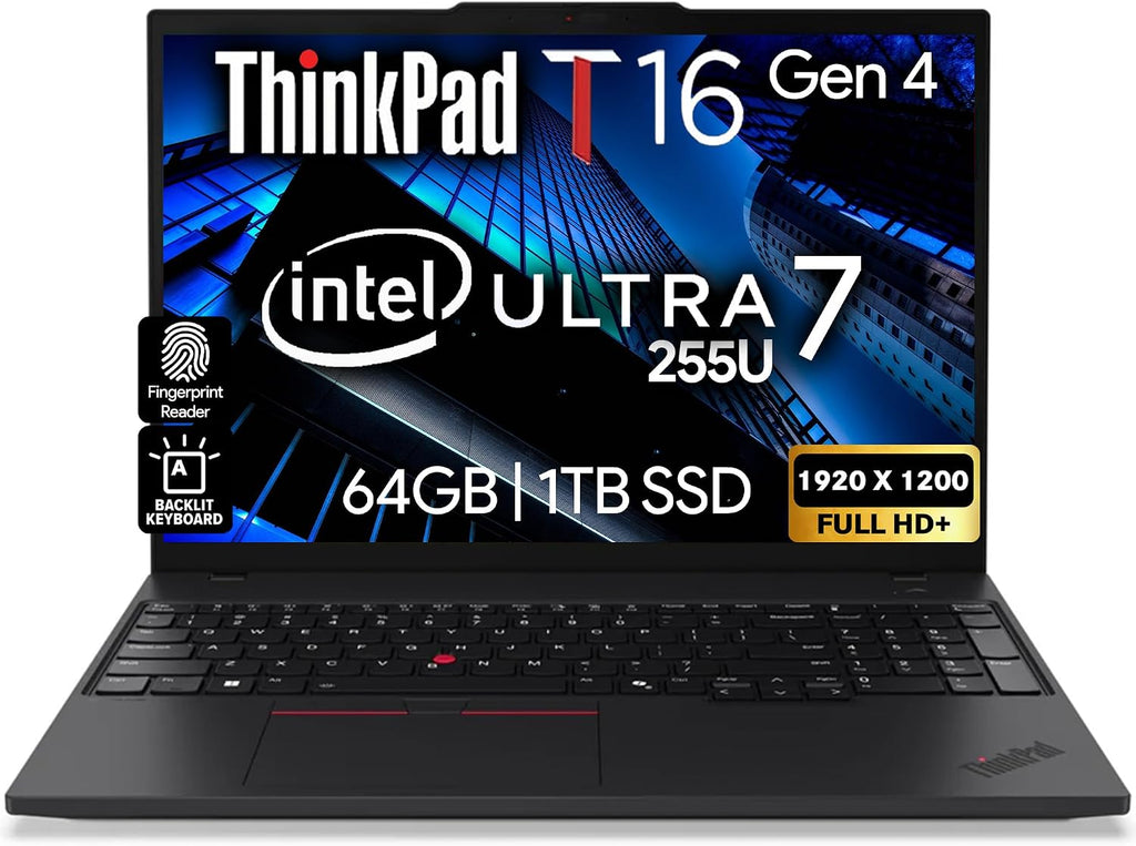 Lenovo ThinkPad T16 Gen 4 AI Business Laptop 16' FHD+ Display, Intel Ultra 7 255U (Beats i7-1355U), 64GB DDR5 RAM, 1TB SSD, 5MB Webcam, Fingerprint, Backlit KB, WiFi 6E + BT, RJ-45, HDMI, Win 11 Pro
