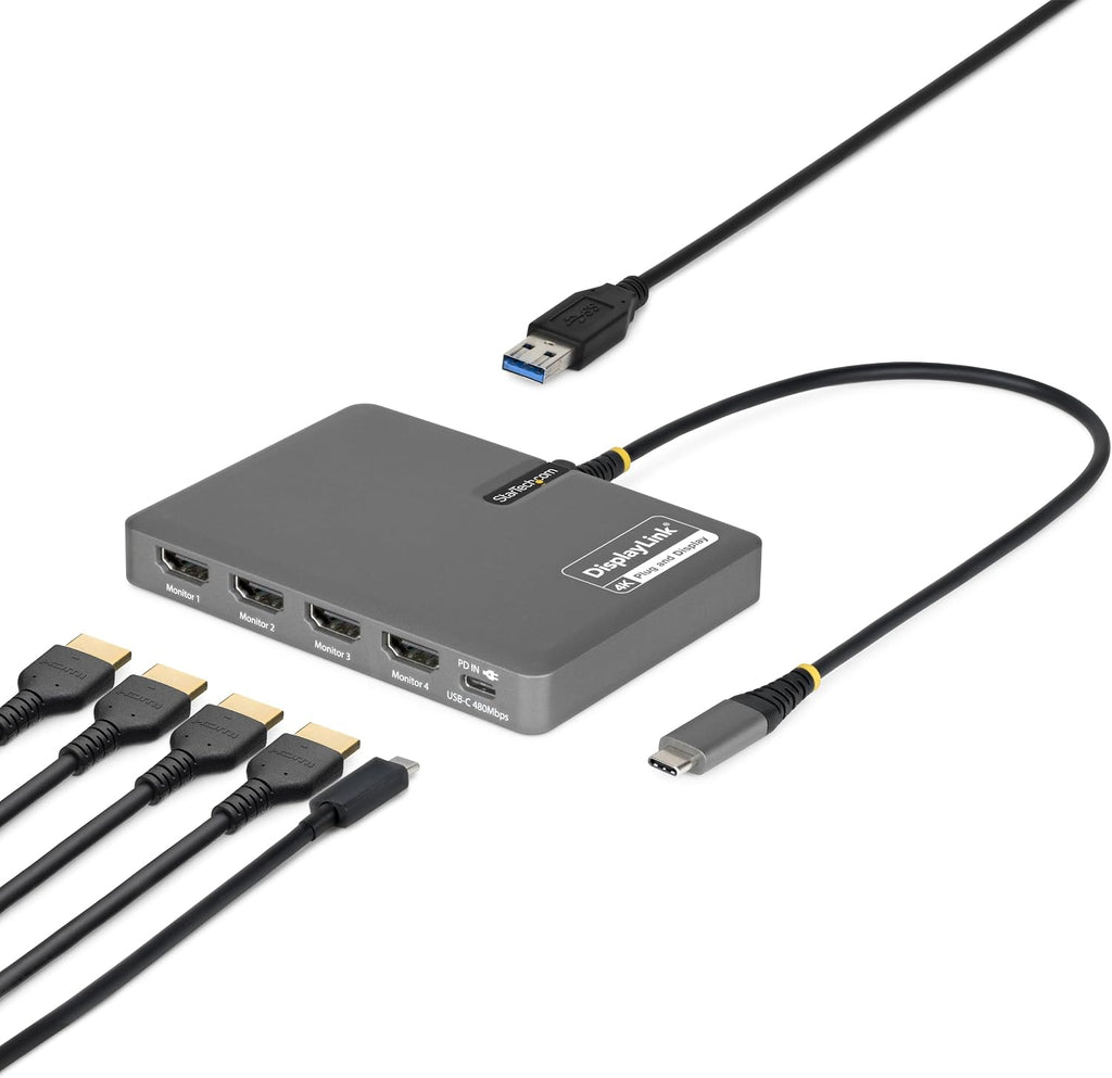 StarTech USB-C to Quad HDMI 4K60 Workstation Dock, 140W PD Passthrough, USB for Keyboard and Mouse, Windows, Mac M1-M5, USB4, Thunderbolt Laptops, DisplayLink DL7400, TAA (Quad-USB-HDMI-Adapt)