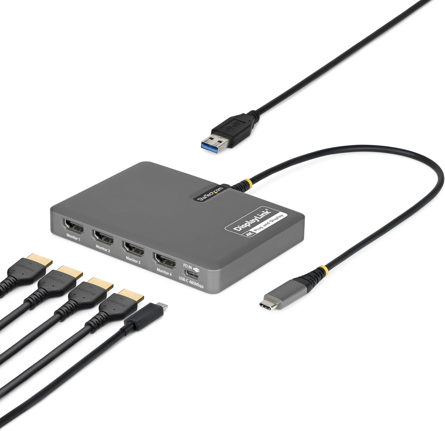 StarTech USB-C to Quad HDMI 4K60 Workstation Dock, 140W PD Passthrough, USB for Keyboard and Mouse, Windows, Mac M1-M5, USB4, Thunderbolt Laptops, DisplayLink DL7400, TAA (Quad-USB-HDMI-Adapt)