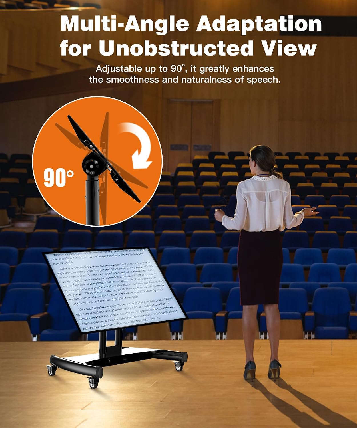 Rolling TV Stand, Portable Mobile Floor Confidence Monitor Stand on Wheels for 32-75 Inch Flat Screen TVs, Low Profile TV Cart with Height and 90° Viewing Angle Adjustable, Max VESA 600x400mm, 100lbs