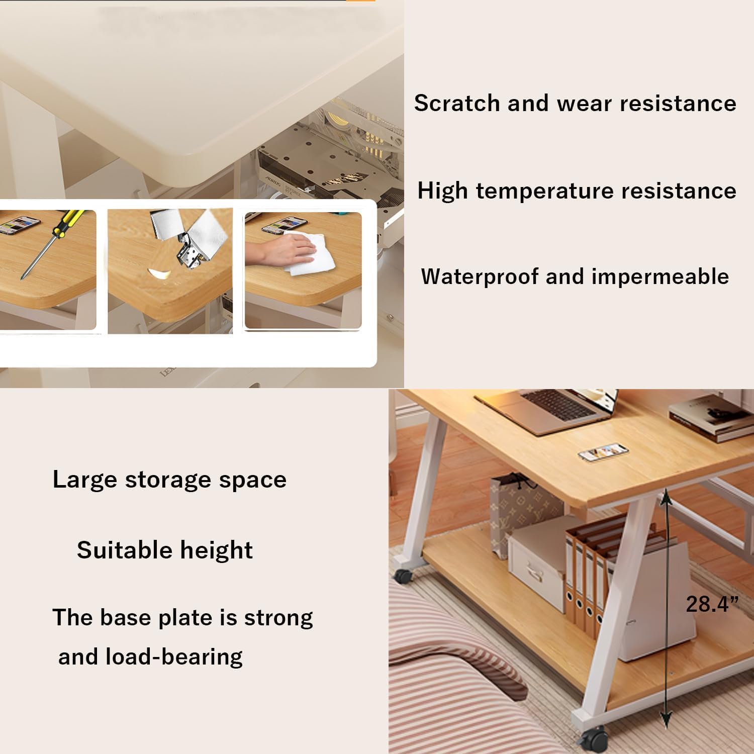 47.2 Inch Compact Rolling Computer Desk with Tier Worktable & Lockable Wheels, Small Computer Desk, Small Desk for Bedroom, Mobile Writing Workstation Easy Assembly for Home Office Small Spaces