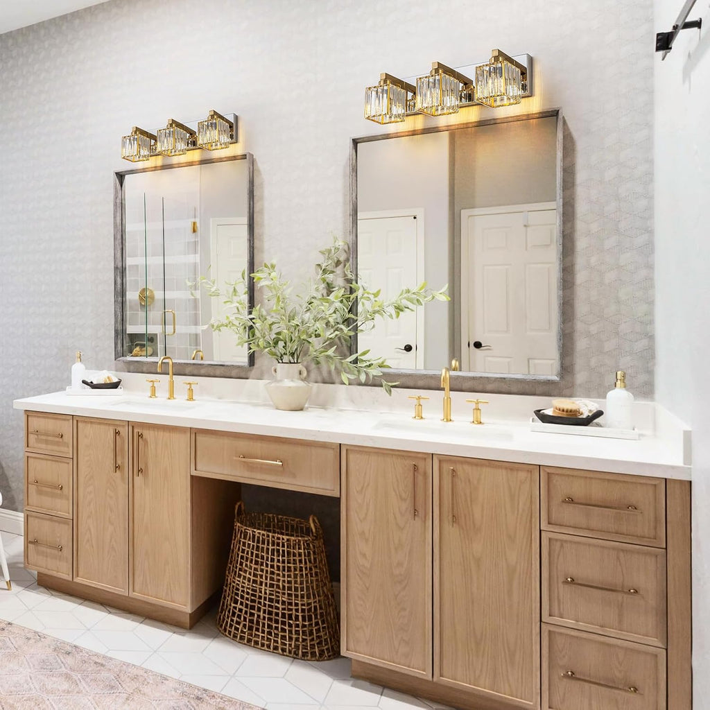 Gold Chrome Crystal Bathroom Light 3-Light Modern Bathroom Vanity Light Fixtures Over Mirror Wall Sconce