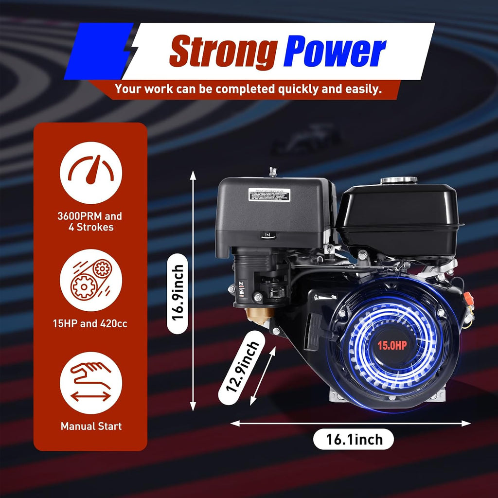 LOYALHEARTDY Gas Engine 4-Stroke 15HP 420CC Multi-Use Gas Motor Hand Pull Start Air Cooling Single-Cylinder OHV Gas Motor Gas Powered Lawn Mower Engine - Black, W57G734R6843R