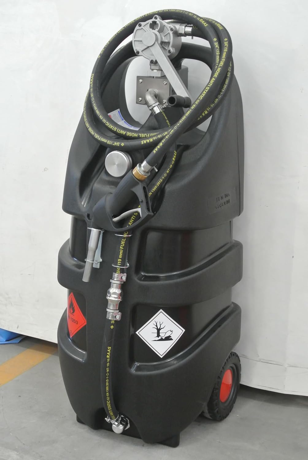 Portable Gas Cart 29gl Gas Fuel Tank Caddy with Manual Rotary Hand Pump, Fuel Storage Can On-Wheels for Cars, Lawn Mowers, ATVs, Boats, 10 ft Antistatic Hose, Manual Nozzle