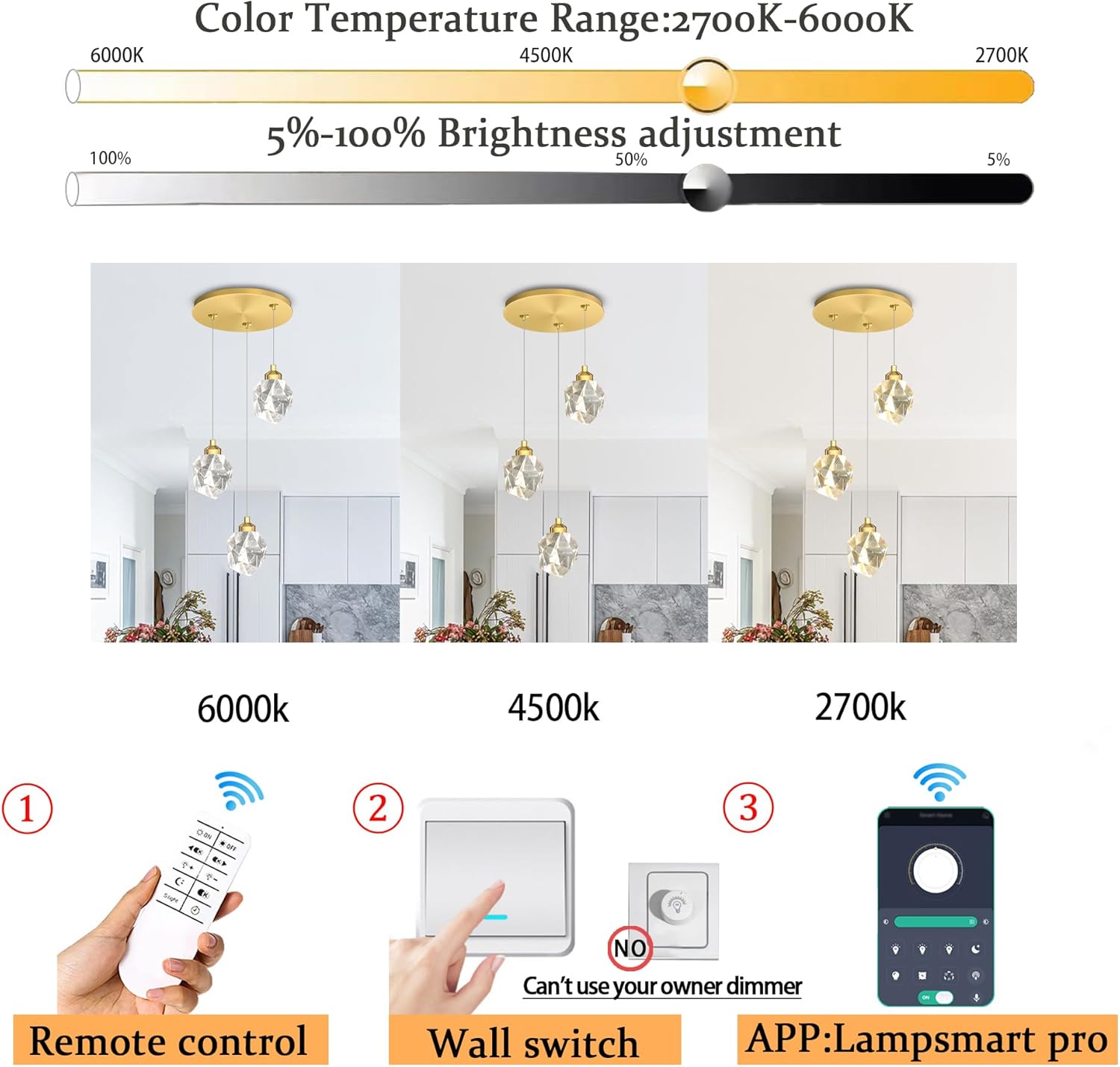 Gold Pendant Light Dimmable LED 3-Light Modern Pendant Light Kitchen Island Dining Room Bar