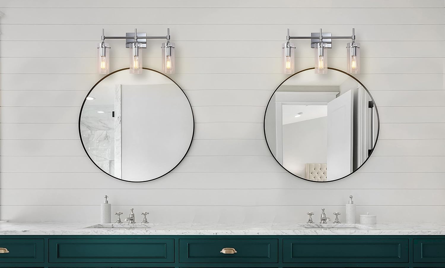 Linea di Liara Effimero Modern Farmhouse Bathroom Vanity Lights Fixtures 3 Lights Over Mirror Chrome Vanity Lights for Bathroom Light Fixtures Industrial Lighting Clear Glass Covers, UL Listed