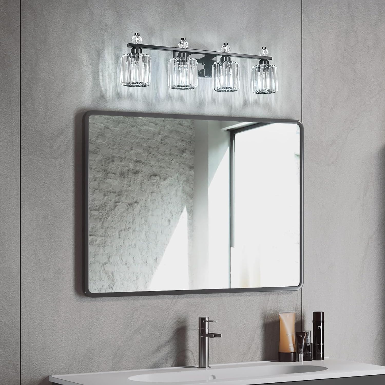 Bathroom Vanity Lights 4-Light Plating Black Modern Crystal Vanity Light Fixtures Over Mirror Crystal Bathroom Vanity Lighting Fixtures