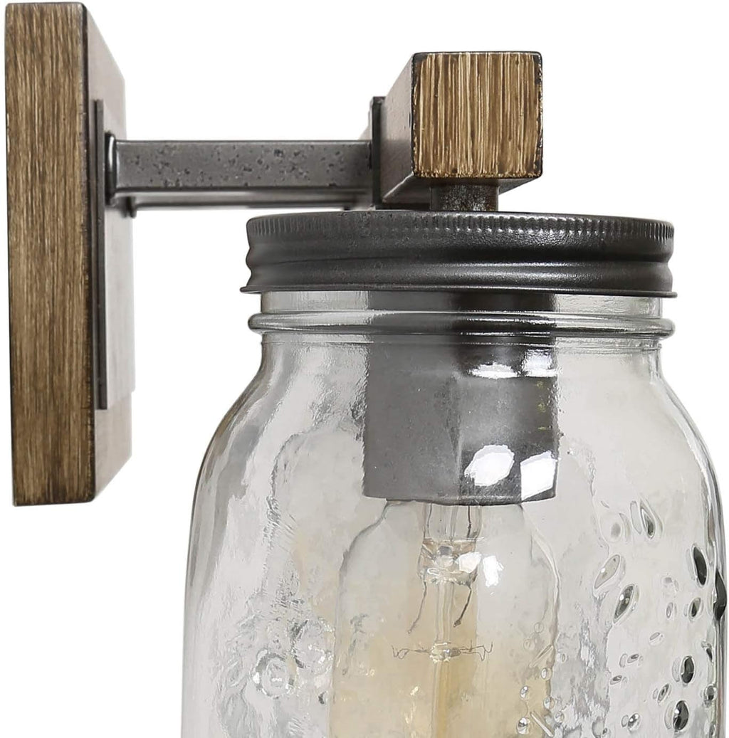 LNC Rustic Bathroom Light Fixtures Farmhouse Vanity Lighting with Mason Jar Glass, Wooden Finished, 29 inches, Brown, 4-Light , White