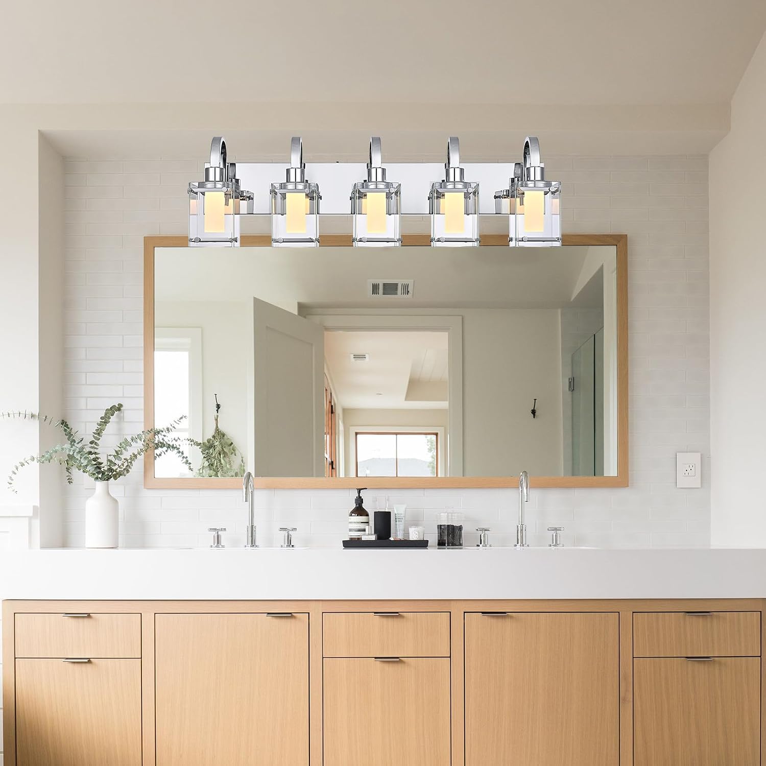 5-Light Chrome Vanity Light Fixtures, Modern LED Bathroom Wall Lights for Dressing Room, Integrated LED Chips with Frosted Column & Clear Square Glass Shades, Energy Saving Wall Sconce