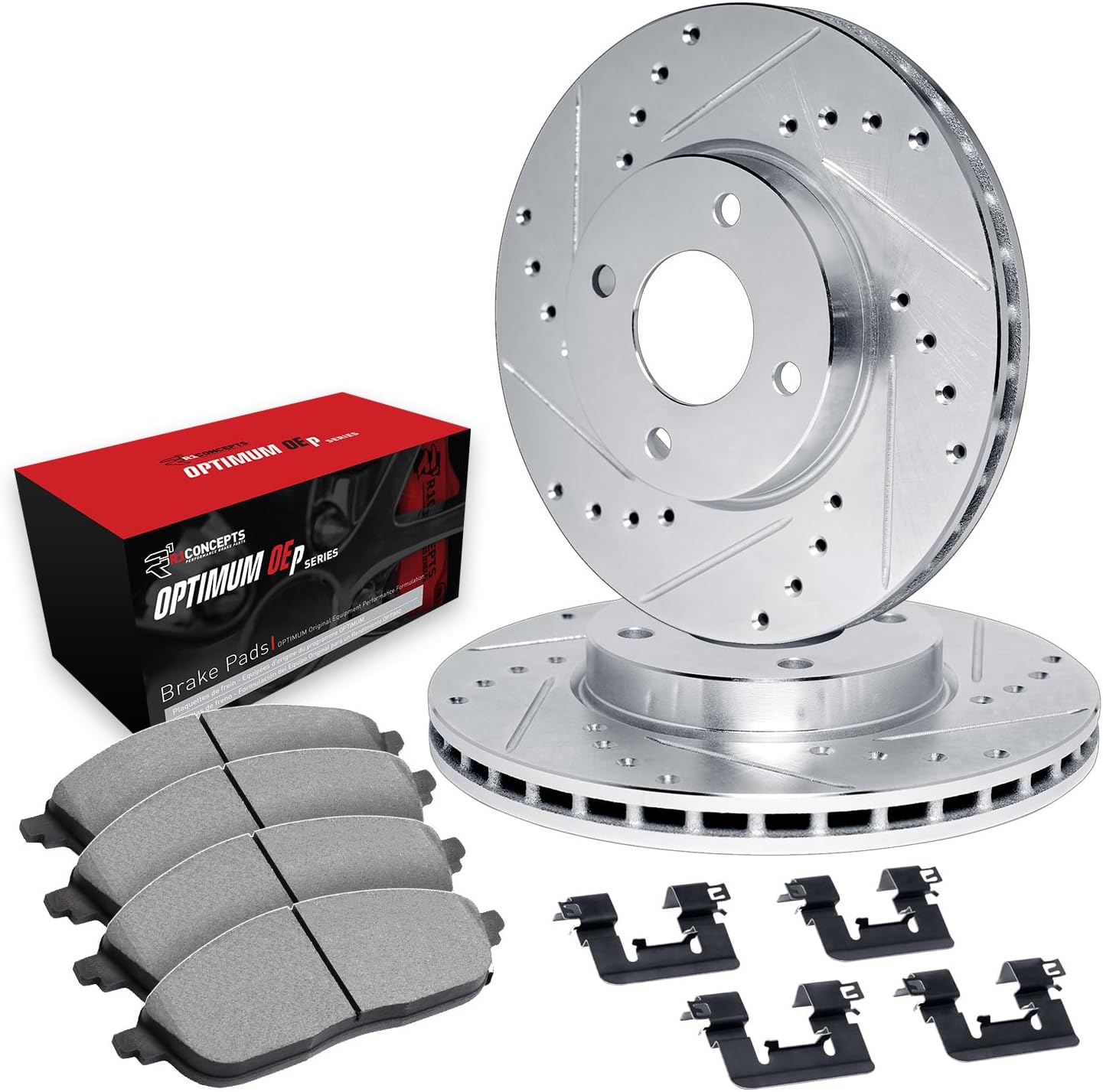 R1 Concepts Front Brake Kit Fits 2011-2019 Ford Fiesta| Optimum Oep Pads, Drilled Slotted Rotors| Hardware| 10.2' Front