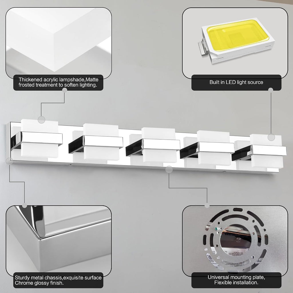 SOLFART Chrome 5 Light Bathroom Vanity Lights Over Mirror, Modern Chrome Bathroom Light Fixtures LED Lights Dimmable