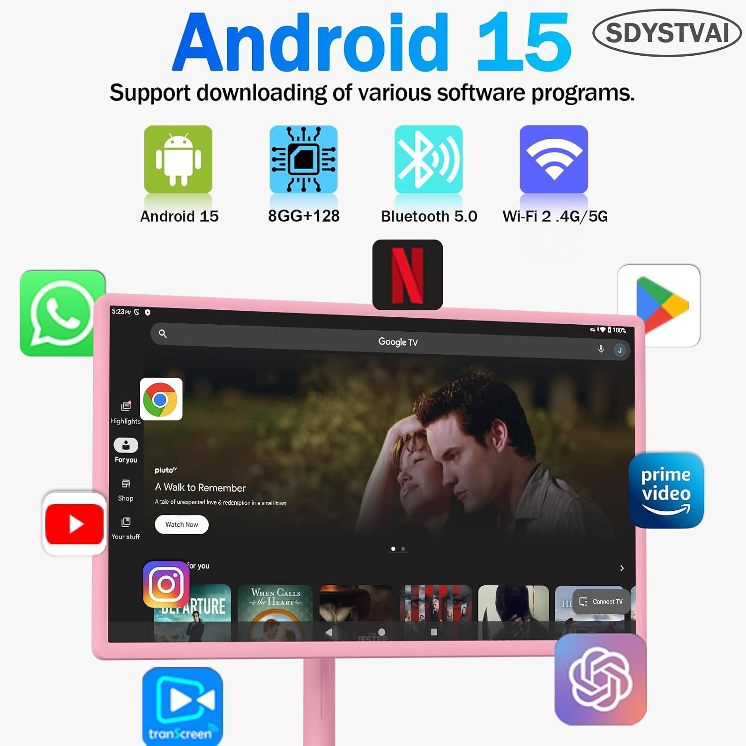 32' FHD Smart Portable TV, Rolling TV on Wheels, Android 15 OS, 8G +128GB Storage, Portable Touch Screen Monitor, EDLA Certified, 8MP Camera, 6–8 Hour Battery, Swivel Design, Voice Remote