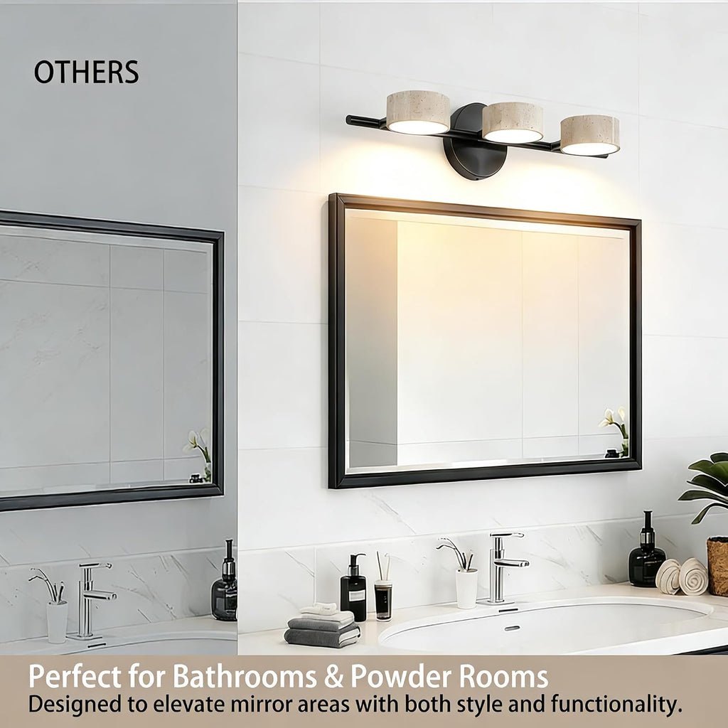 LED Mirror Light with 3 Travertine Stone Shades, Bathroom Vanity Light Fixture, 360° Rotatable Stone Lampshades, Modern Rustic Wall Lamp for Bedroom, Living Room, Hallway (Black-Metal)