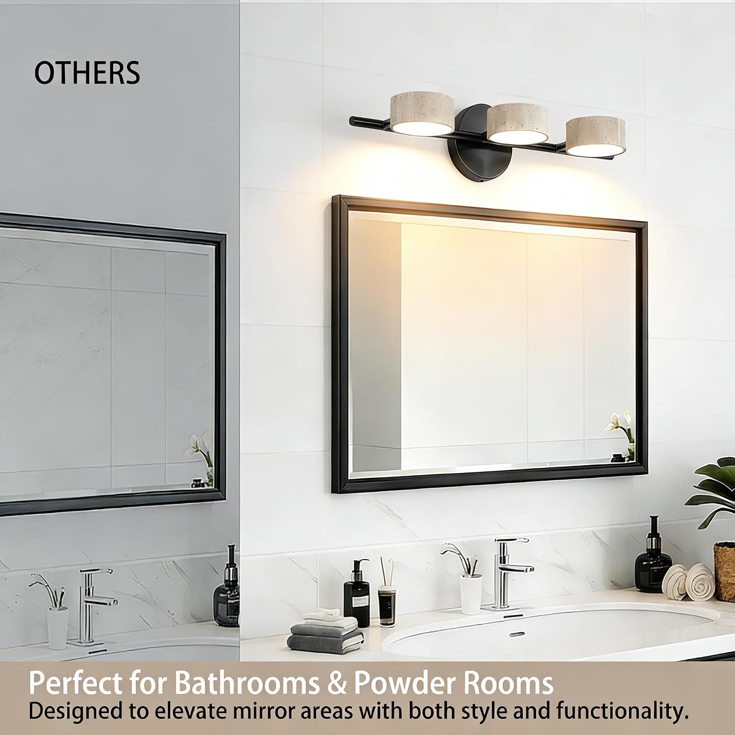 LED Mirror Light with 3 Travertine Stone Shades, Bathroom Vanity Light Fixture, 360° Rotatable Stone Lampshades, Modern Rustic Wall Lamp for Bedroom, Living Room, Hallway (Black-Metal)