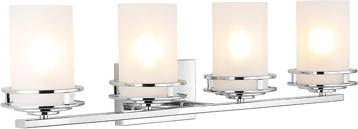 JONATHAN Y 32' Chrome Modern LED Vanity Light, 4-Light Art Deco Wall Sconce Fixture for Bathroom Mirror, with Frosted White Glass Shade, Dimmable, LED Bulb Included (JYL7487A)