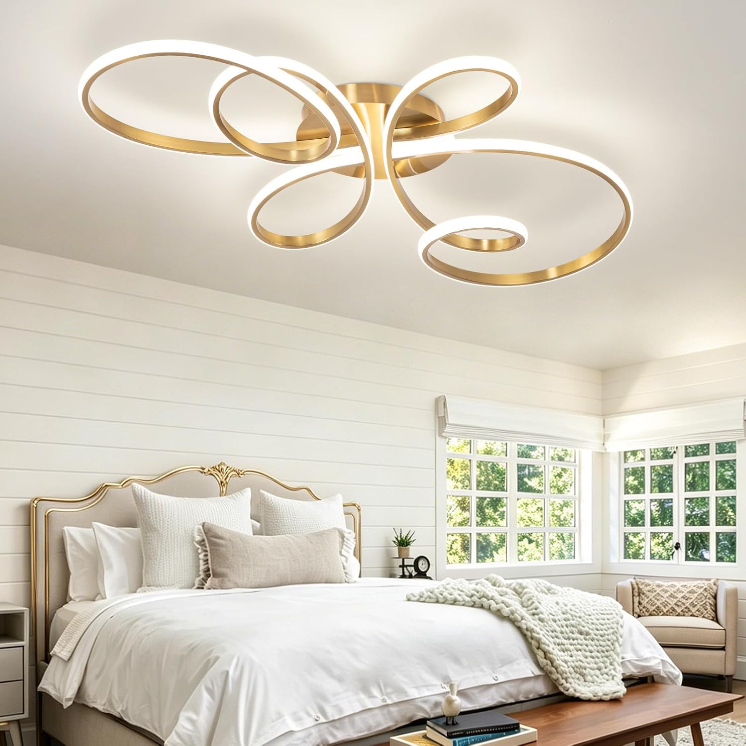 20inch Modern LED Ceiling Light, 5 Rings Flower Black Dimmable Ceiling Lamp for Living Room, Bedroom, Dining Room, Kitchen (Gold,39.37Inch)