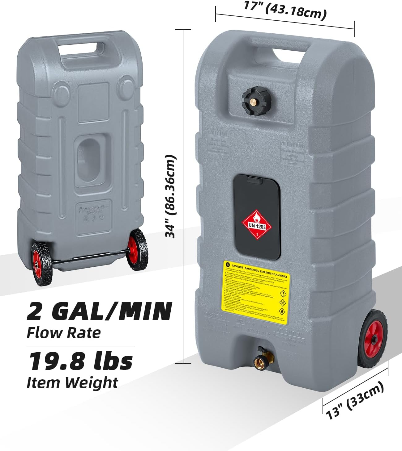 Fuel Caddy 14 gal, Portable Gasoline Tank Container With Manual Fuel Transfer Pump & 10 ft Long Hose, Gasoline Diesel Fuel Storage Tank On-Wheels, Portable Gas Tank for Cars, Lawn Mowers, Boats, Grey