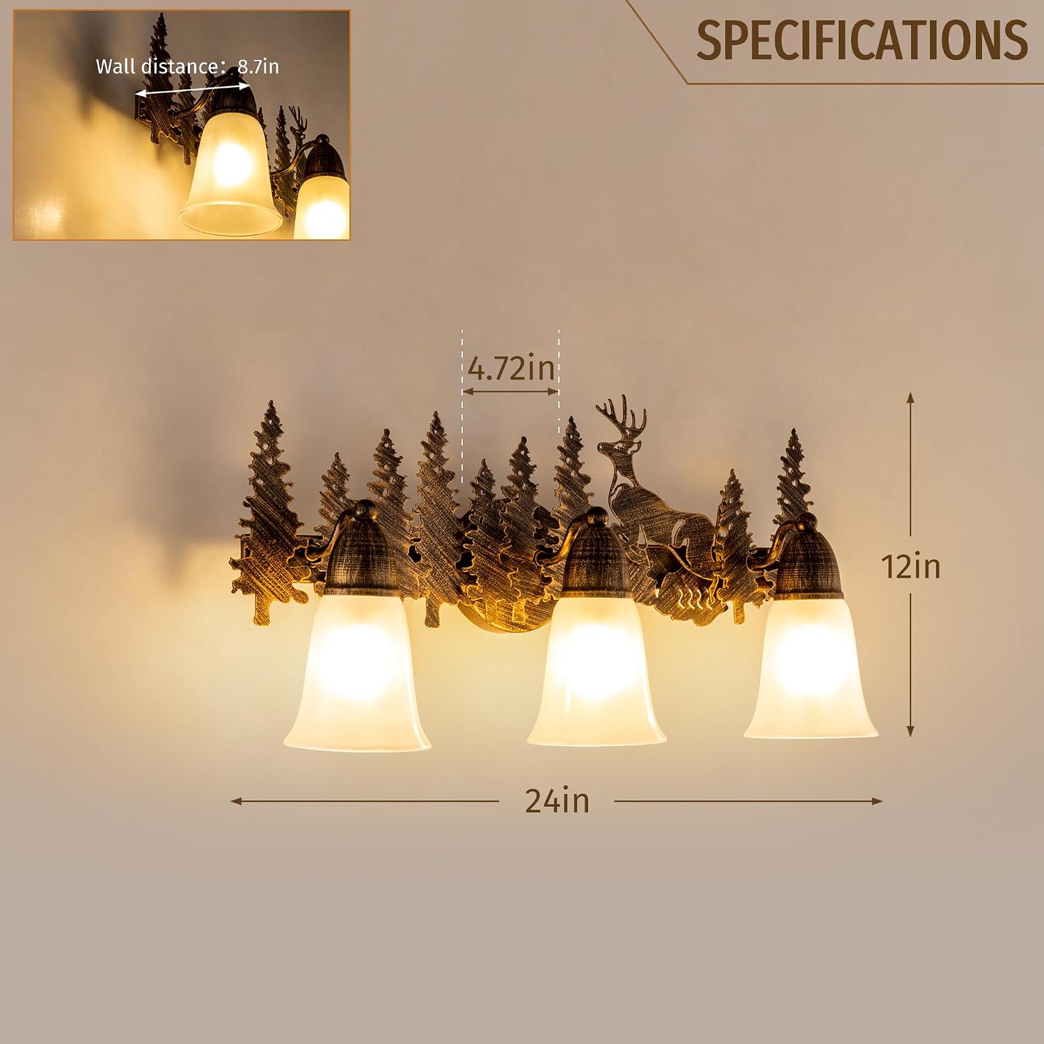 TOCHIC Rustic Bathroom Vanity Light Over Mirror, 3 Lights Farmhouse Bathroom Light Fixtures, Western Moose Sconces Bath Vanity Wall Lighting for Mirror Cabinets, Powder Room, Living Room, 24' L