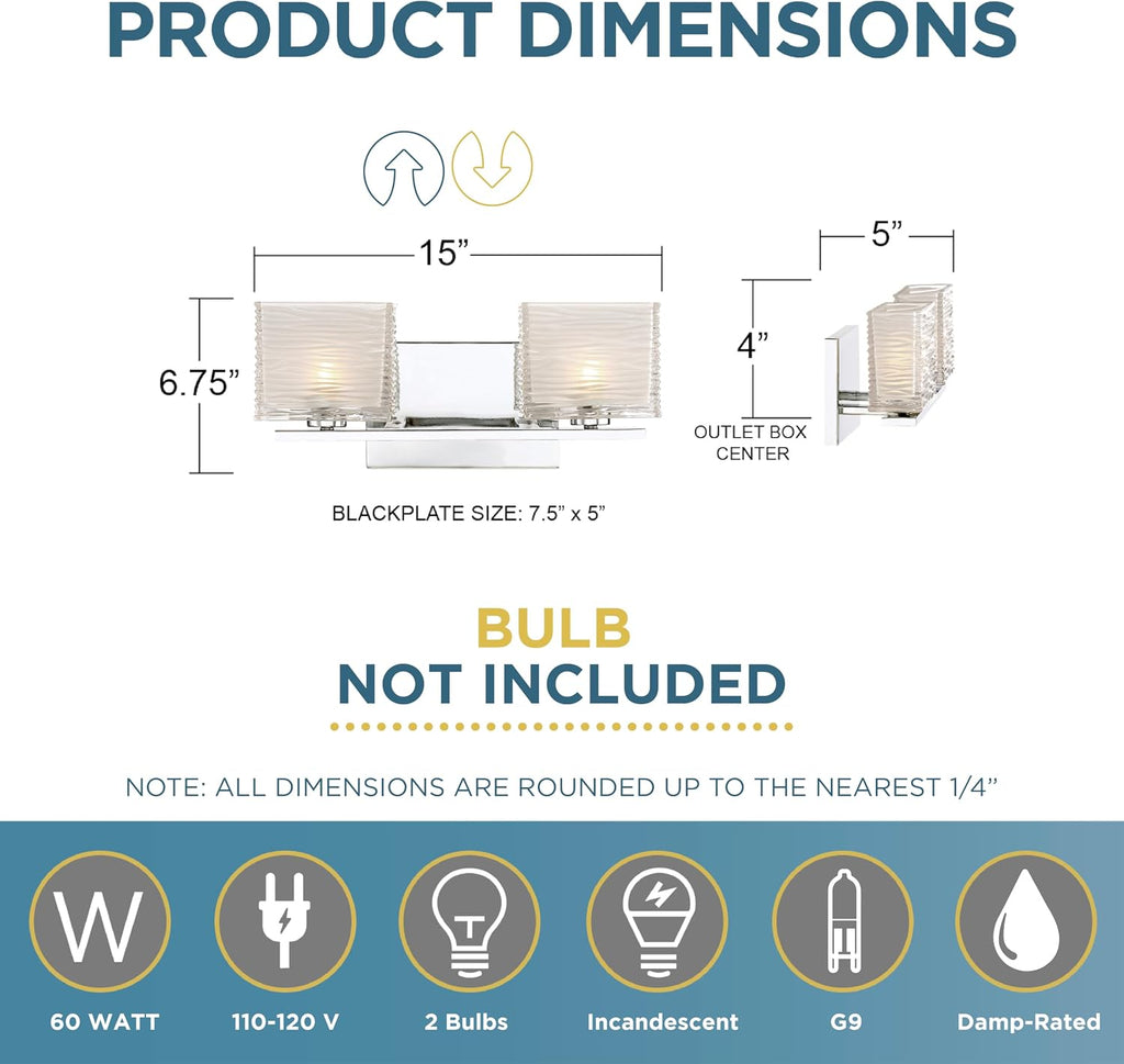 Quoizel Westcap Modern Vanity Lights, 2-Light, 15 Inch Polished Chrome Bathroom Lighting Fixtures Over Mirror, Sandblasted Glass, G9 Bulb, Transitional Wall Light for Bathrooms, Kitchen or Hallway