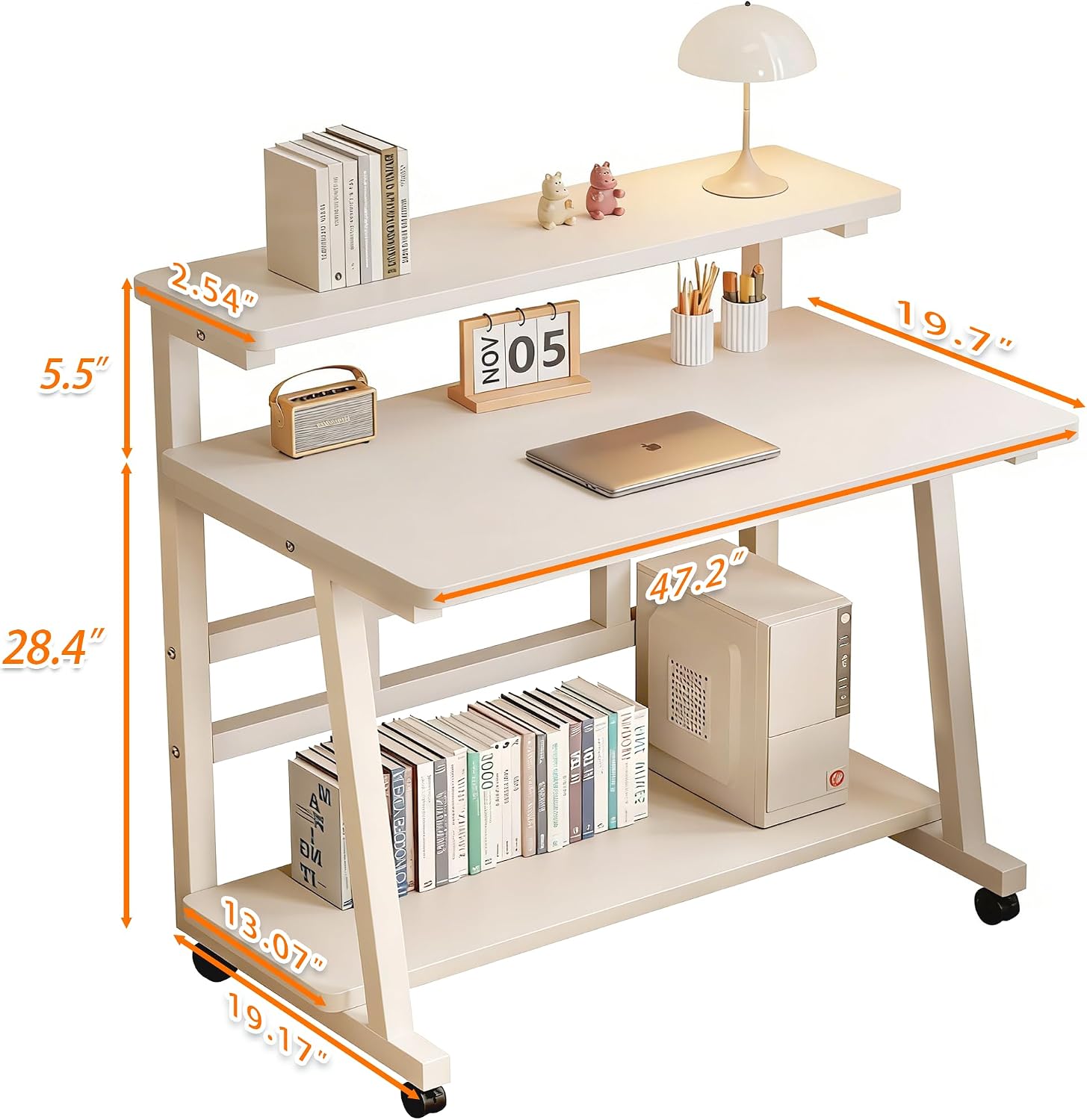 Rolling Desk, 47.2 Inch Small Desks with 3-Layer Storage & Monitor Stand, Compact Home Office Desk, Portable Laptop Table with Wheels for Small Spaces, Mobile Rolling Computer Work Desks