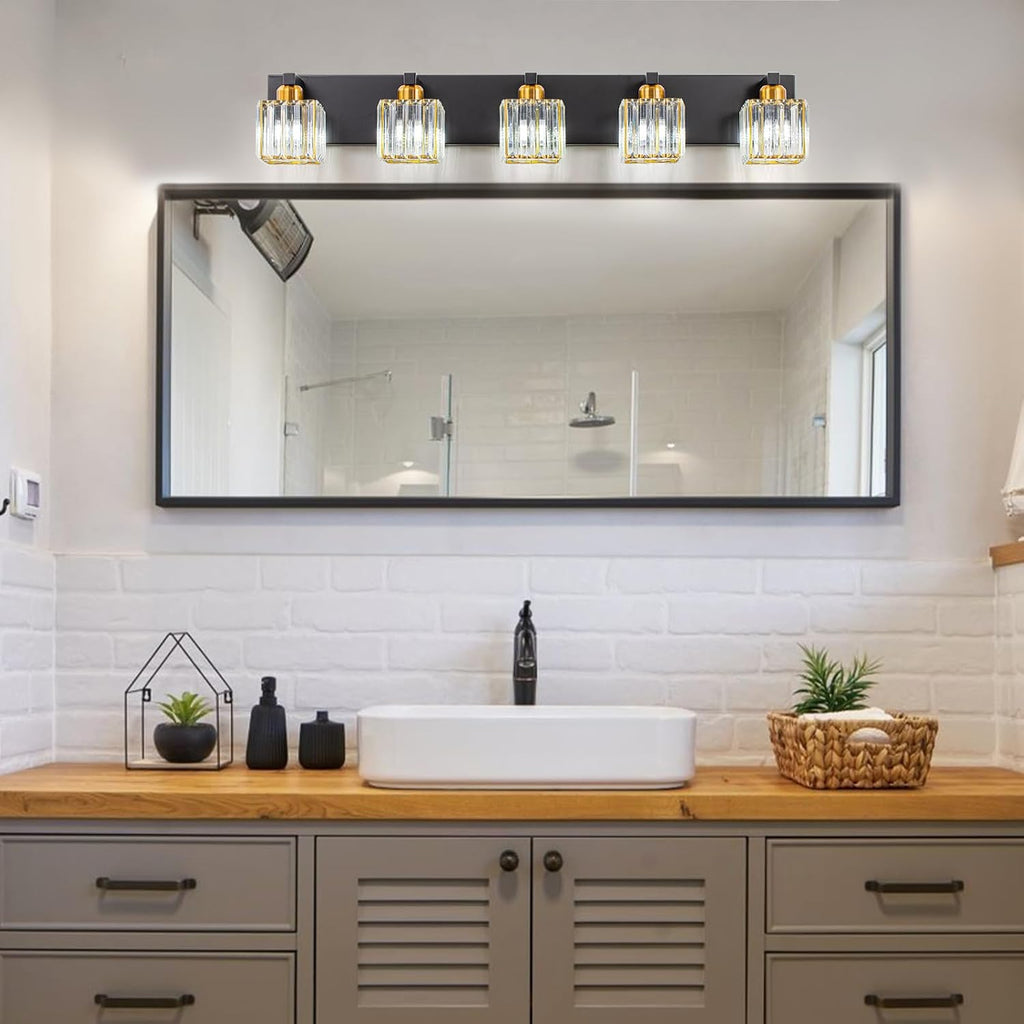 Crystal Black Gold Bathroom Vanity Light, 5-Lights Bathroom Lighting Fixtures Over Mirror Modern Glam Crystal Wall Lighting with Square Shade