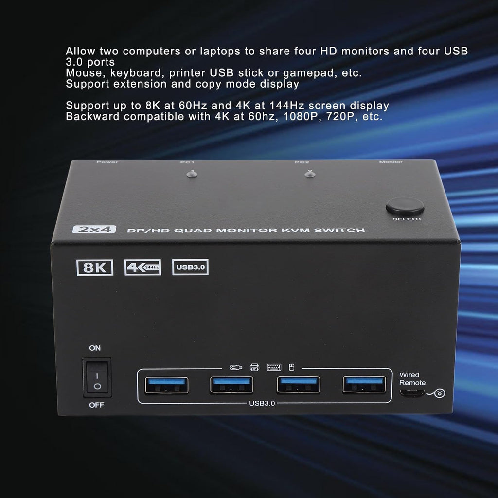 GOWENIC KVM Switch, 4 Monitors 2 Computers DisplayPort 8K 60Hz 4K 144Hz with 4 USB 3.0 Ports, for OS X OS Unix Computers (US)