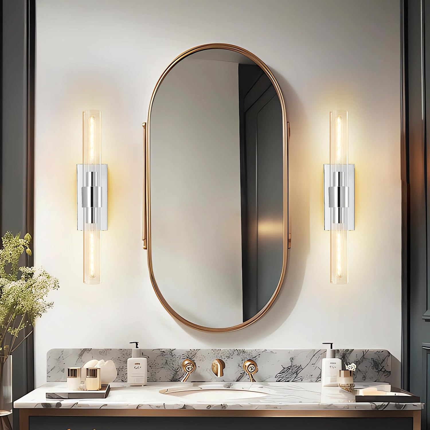 Wall Sconces Set of 2, 22.8' Chrome Bathroom Sconces, Indoor Sconces Lighting with Glass, Nickel Vanity Lights with Tube, Dimmable Bedroom Bedside Wall Light for Dressing Table Staircase