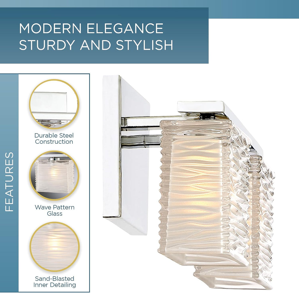 Quoizel Westcap Modern Vanity Lights, 2-Light, 15 Inch Polished Chrome Bathroom Lighting Fixtures Over Mirror, Sandblasted Glass, G9 Bulb, Transitional Wall Light for Bathrooms, Kitchen or Hallway