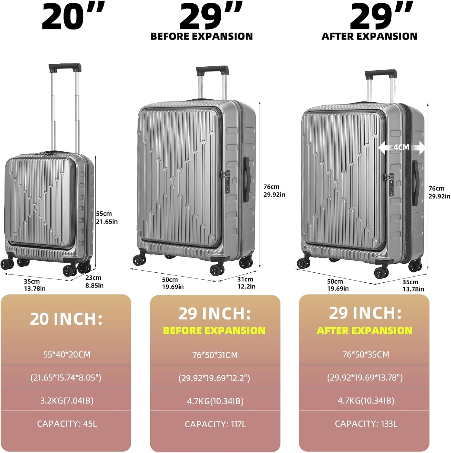 Kaleenie 2 Pieces 20/29 Luggage Sets, 20 Inch Cabin Luggage with Front Pocket & 29 Inch Side Opening Suitcase, Ligthweight ABS+PC Hardshell, Gray