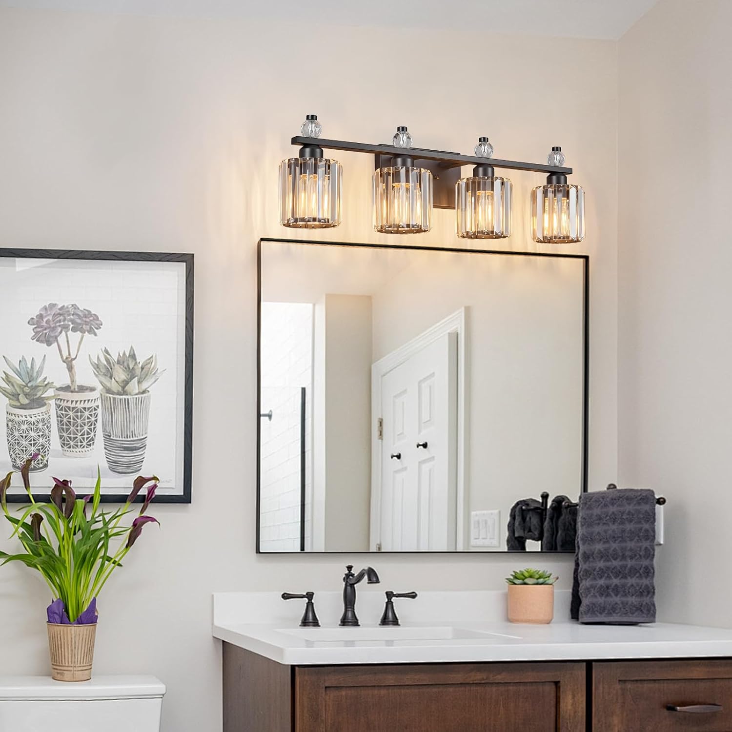 Bathroom Vanity Lights 4-Light Sand Black Modern Crystal Vanity Light Fixtures Over Mirror Crystal Bathroom Vanity Lighting Fixtures