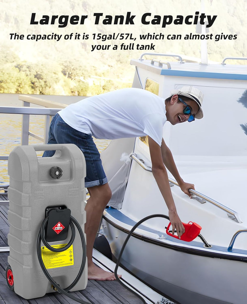 15 Gallon Gas Can, Heavy-Duty Fuel Tank with Manual Transfer Pump & 10FT Hose, Portable Gas Caddy with Wheels, Leak-Proof Gas Container for Lawn Mowers, Cars, Boats, ATVs, Grey