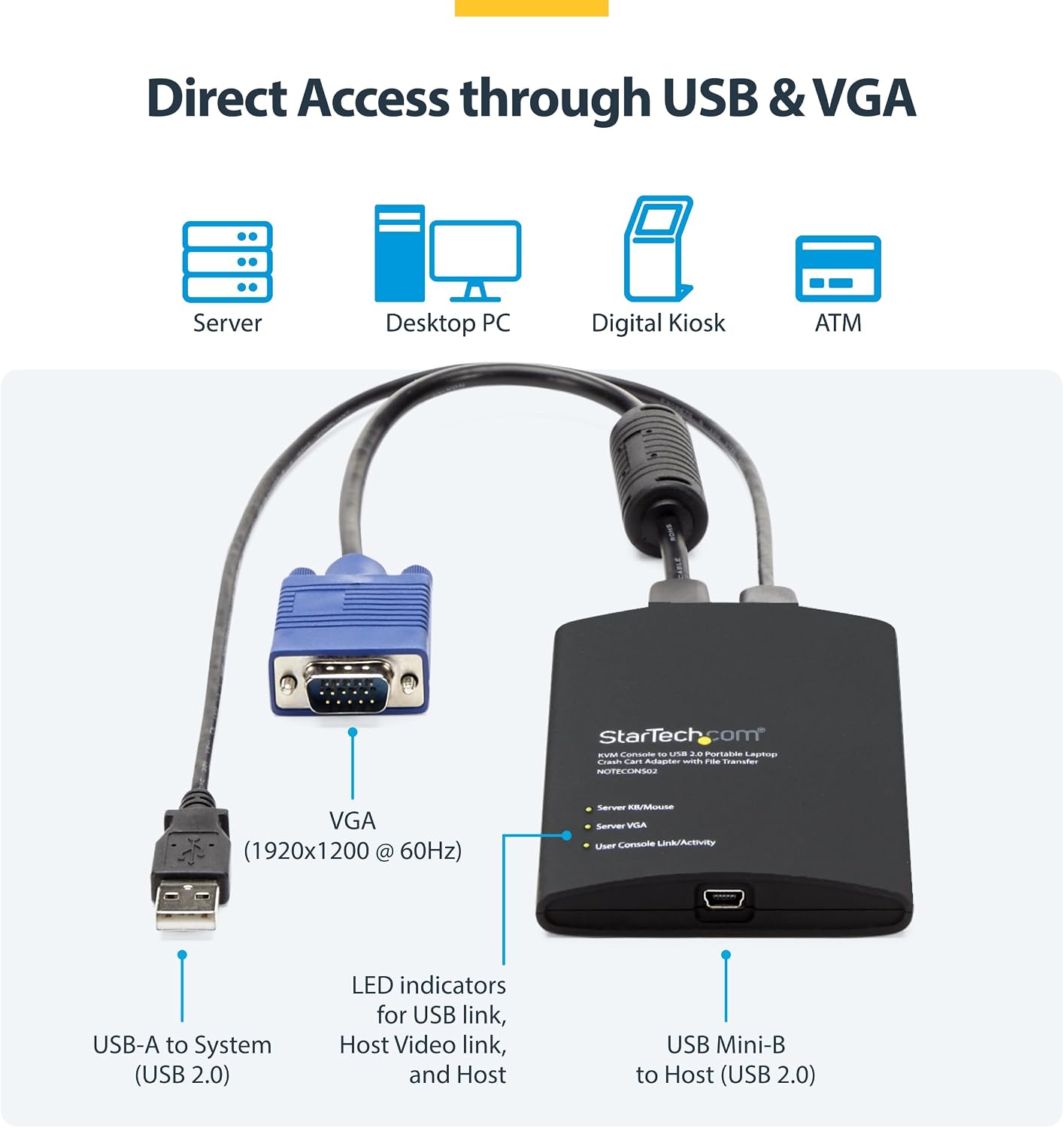 StarTech.com Portable Laptop Crash Cart Adapter, USB/VGA Analogue KVM Console, File Transfer & Video Capture, Windows/Linux/MacOS, TAA