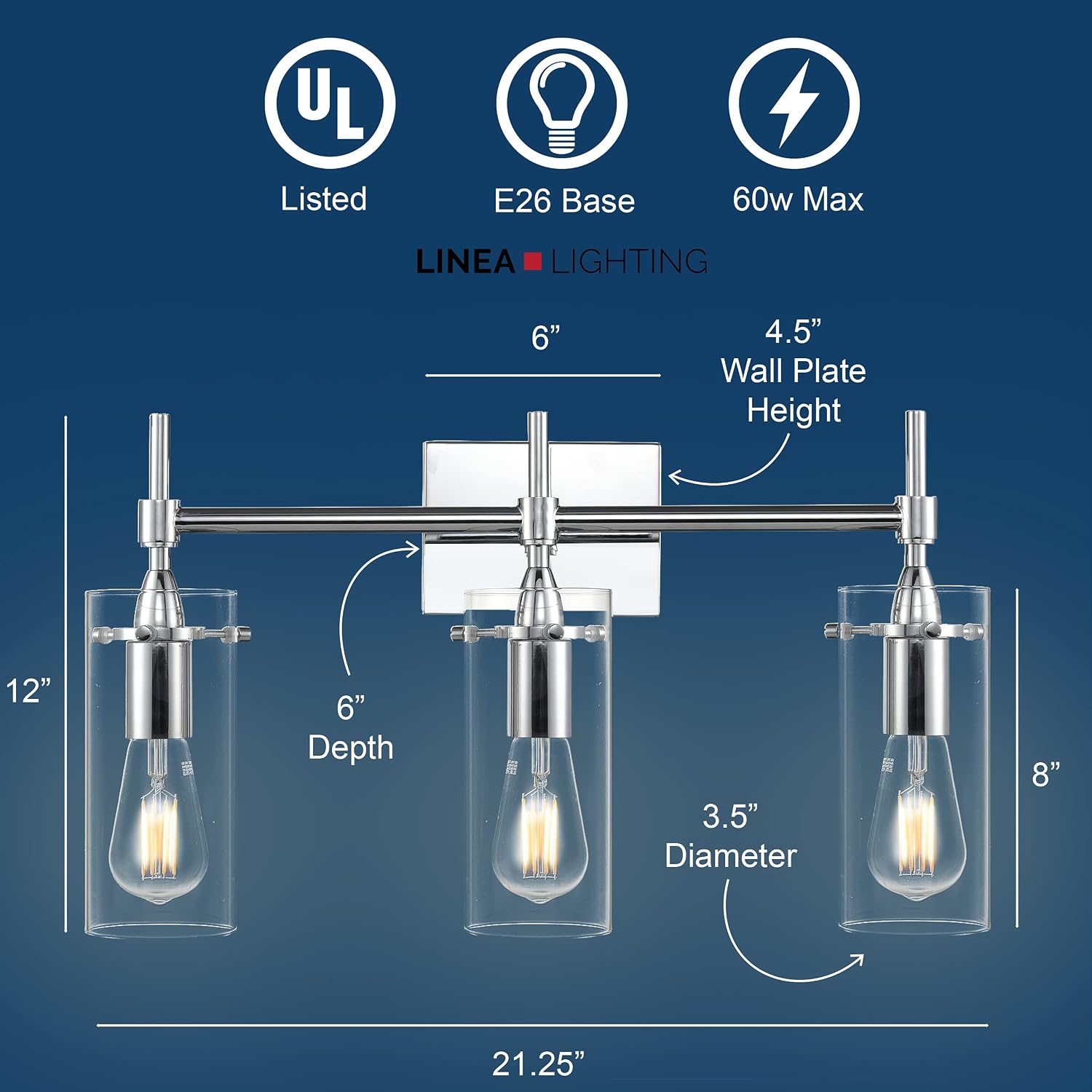 Linea di Liara Effimero Modern Farmhouse Bathroom Vanity Lights Fixtures 3 Lights Over Mirror Chrome Vanity Lights for Bathroom Light Fixtures Industrial Lighting Clear Glass Covers, UL Listed