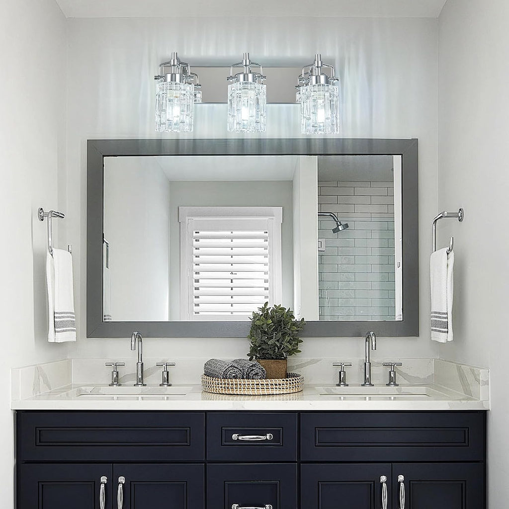 3 Light Crystal Glass Vanity Light, Chrome Bathroom Lighting Fixtures Over Mirror Modern Bath Wall Sconce Lighting for Bedroom Living Room