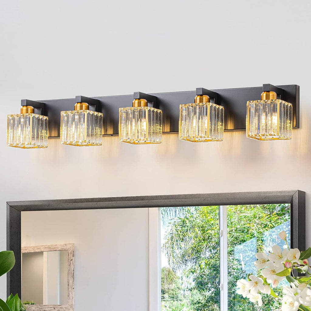 Crystal Black Gold Bathroom Vanity Light, 5-Lights Bathroom Lighting Fixtures Over Mirror Modern Glam Crystal Wall Lighting with Square Shade
