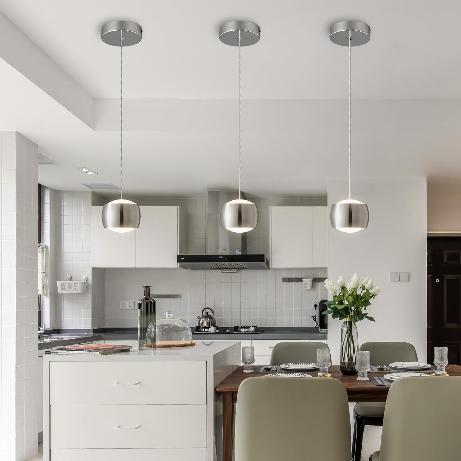 Modern LED Dimmable Pendant Light fixtures,Mini Island Pendant Lighting for Kitchen Island Dinning Room,Bedroom,Bar, Kitchen Island Ceiling Hanging Light Fixtures(Chrome-3-Pack)