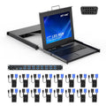 MT-VIKI Rack KVM Switch w/17'' LCD Monitor, 16 Port VGA KVM Switch with Keyboard Touchpad Monitor, Fit for 1U 19'' Rack, OSD/Hotkey/Button 【with 16 VGA KVM Cable】