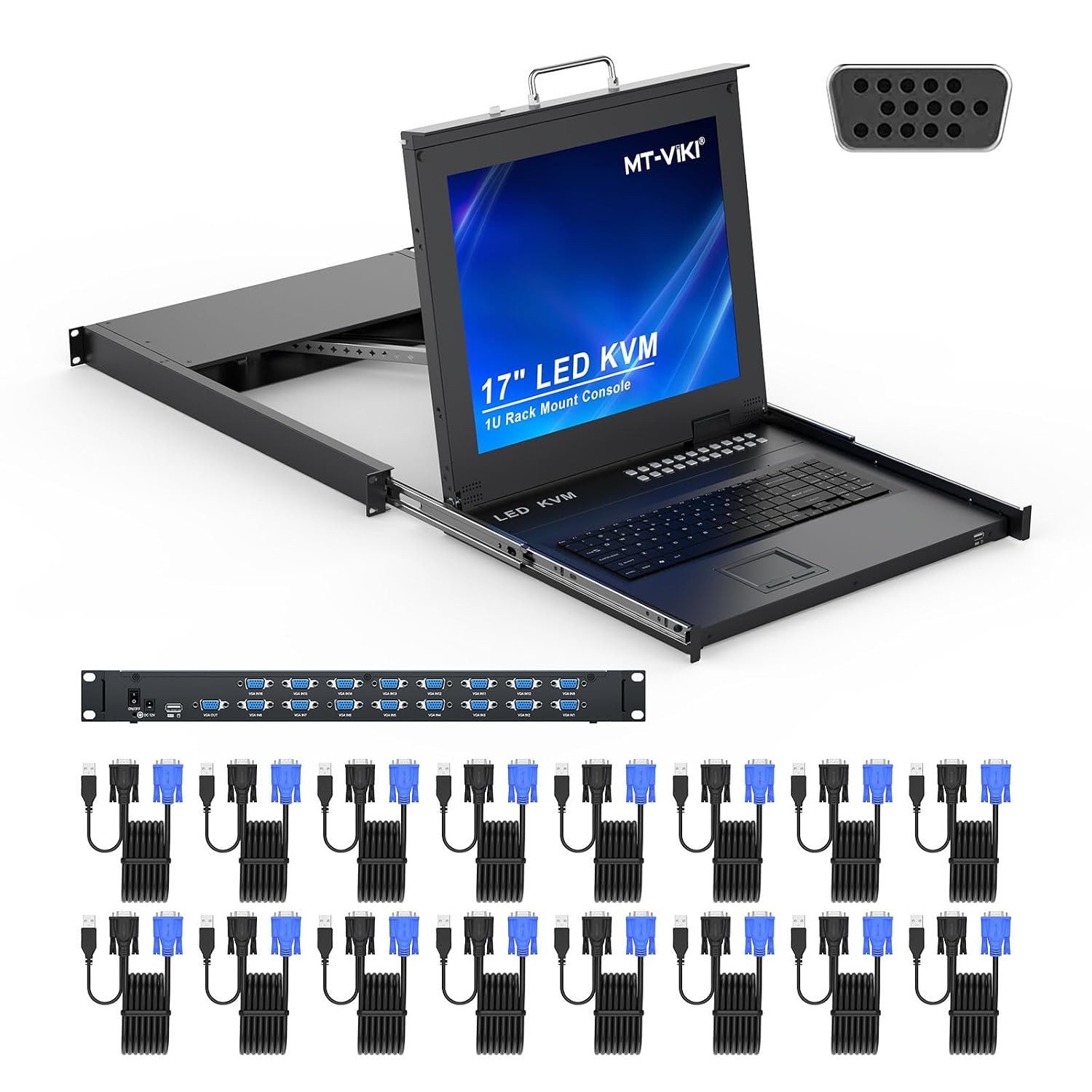 MT-VIKI Rack KVM Switch w/17'' LCD Monitor, 16 Port VGA KVM Switch with Keyboard Touchpad Monitor, Fit for 1U 19'' Rack, OSD/Hotkey/Button 【with 16 VGA KVM Cable】