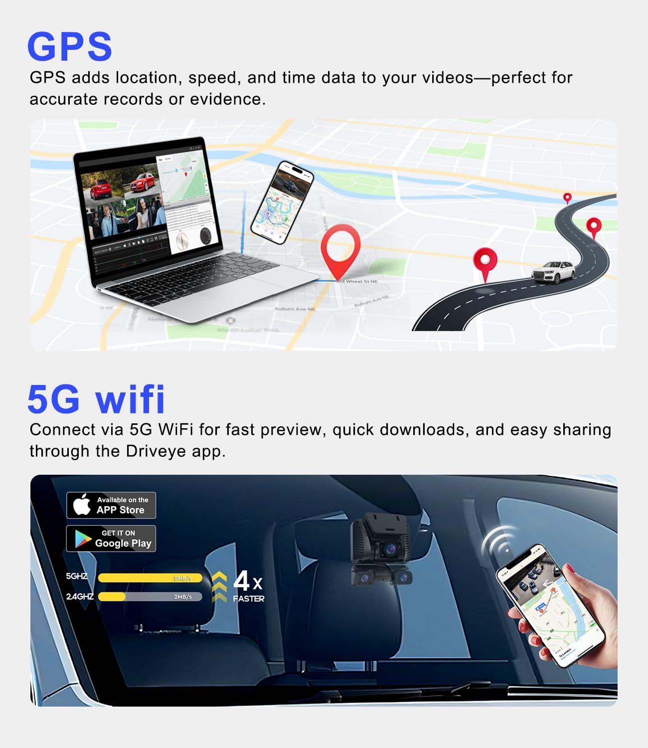 4K Dash Cam 360° View, 5 Channel Front and Rear Dash Camera for Cars, Built-in 5GHz Wi-Fi GPS, Voice Control, Free 128G Card,Night Vision,24H Parking Mode,G-Sensor